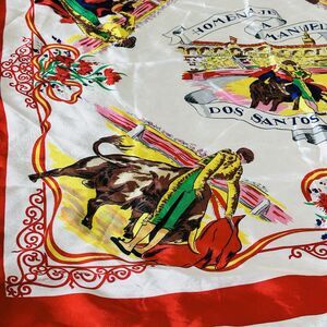 Vintage Mexico Satin Souvenir Scarf 1950’s 50s Bullfighter Matador Red Gold